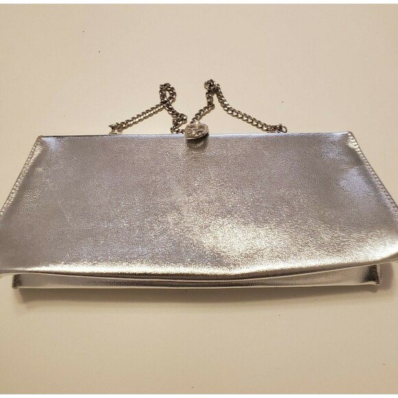 Vintage Silver Metallic Clutch Purse Handbag with Chain Strap Evening Bag Prom - Picture 1 of 5